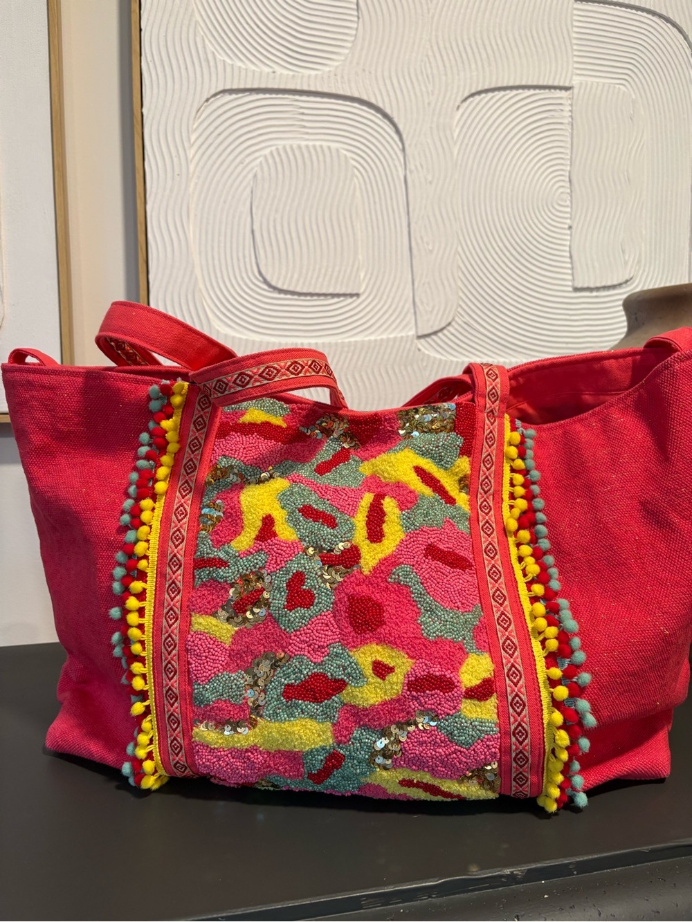 Pink Embroidered Pom-Trim Tote Bag